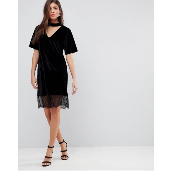 ASOS velvet t-shirt dress with choker neck and lace hem, black, Size 6 - Picture 1 of 9